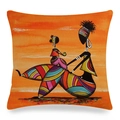 African tribal art cushion cover featuring hand-painted figures on orange linen fabric - Geometric Pattern Double Figure Illustration Style (5)
