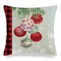 Christmas robin linen pillowcase with red buffalo plaid border and festive ball ornaments - 18x18 Inch / Pine Branch Christmas Balls Style (28)