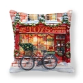 Square Christmas pillow case with hand-drawn toy shop and tree scene on white background - Red Toy Shop and Christmas Bicycle Illustration (tpr-20)