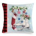 Linen pillow cover with Christmas robin, white ice skates and red buffalo plaid accent - 18x18 Inch / Skates Christmas Stocking Style (29)