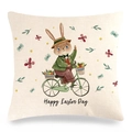 Easter rabbit linen pillow cover with cartoon bunny and bicycle print on white background - Bunny on Bicycle with Eggs (款式-11)