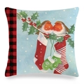 Linen Christmas pillow case featuring robins on holly branches and red plaid trim - 18x18 Inch / Robin Stocking Green Gloves Style (30)