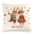 Linen Easter pillow cover featuring watercolor bunny rabbits and Happy Easter Day text - Easter Rabbits with Horn and Basket (款式-12)
