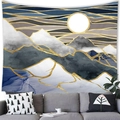 Abstract mountain tapestry with gold lines shown above a modern sofa in a bright living room - 100x70cm / Peach Skin / Style 3