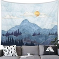 Detailed mountain landscape tapestry featuring gold-edged clouds and a pine forest - Small (100x70) / Peach Skin / Style 4