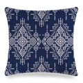 Macro detail of navy blue linen pillow case featuring bohemian geometric patterns - Dark Blue Bohemian Complex Totem Style (7)