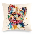 Bunter Kissenbezug aus Leinen mit Aquarell Yorkshire Terrier Motiv auf weißem Grund - Yorkshire Terrier Stil (1) / 45x45cm