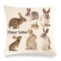 Oster-Kissenbezug aus Leinen mit Happy Easter Schriftzug und sechs realistischen Hasen - Frohe Ostern 6 Verschiedene Hasen-Designs (Stil-11)