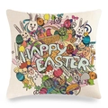 Linen Easter pillowcase with cute rabbit, colorful eggs and Happy Easter print - Hand-painted Graffiti Rabbit Basket Style (Style-11)