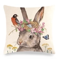 Easter bunny linen pillowcase with watercolor nest and pink flowers on white background - Bird Nest Bird Realistic Rabbit Style (Style-12)