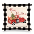 Federa natalizia in lino con camion rosso vintage e bordi a quadretti neri e bianchi - Camion Rosso Merry Christmas (1)
