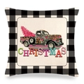 Fodera per cuscino natalizio in lino con camion leopardato vintage e bordo a scacchi - Camion Rosa Leopardato Christmas (4)