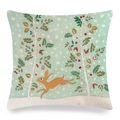 Easter rabbit throw pillow cover in mint green with bunny illustration and linen texture - Brown Rabbit running Mint Background (款式-16)