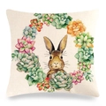 Linen Easter pillow cover with watercolor bunny and succulent wreath on beige background - Succulent Garland Realistic Brown Rabbit Style (Style-14)
