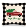 Dettaglio copricuscino natalizio con camion rosso e scritta Merry Christmas su lino - 45x45cm / Stile Camion Festivo Vi Auguriamo un Buon Natale (9)