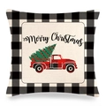 Dettaglio federa in lino con camion rosso di Natale, motivo a quadri e testo Merry Christmas - 45x45cm / Stile Camion Rosso con Albero di Natale con Luci (5)