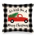 Federa natalizia in lino con camion rosso e bordo a quadri per decorazioni - 45x45cm / Stile Camion Vintage Vi Auguriamo un Buon Natale (4)