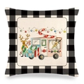Federa natalizia in lino con camion rosso renna e bordo a quadretti neri e bianchi - 45x45cm / Stile Renna e Bastoncino di Zucchero (3)