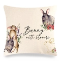 Easter linen pillowcase with watercolor bunny and flower print on white background - Bunny with Flowers Illustration (款式-17)