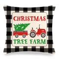 Weihnachtsbaum-Farm Leinen Kissenbezug mit rotem Traktor und schwarz-weißem Karomuster - Christmas Tree Farm Roter Traktor Stil
