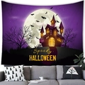 Macro-opname van Halloween wandkleed met kasteel en volle maan boven een grijze bank - Peach Skin 100x70 / Donkerpaars Kasteel (Stijl 4)