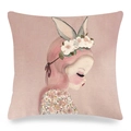 Easter rabbit girl watercolor floral print on linen square cushion cover - Healing Style Rabbit Ear Girl Illustration Style (Style-16)