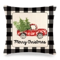 Weihnachtskissenbezug mit rotem Truck und Karo-Muster aus Leinenstoff gefertigt - Merry Christmas Retro Roter LKW Stil