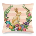 Osterhasen und Eier Blumenkranz Leinen Kissenhülle mit rosa gestreiftem Design - Aquarell Brauner Hase Osterkranz Gestreifter Hintergrund (Stil-17)