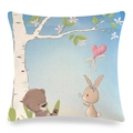 Linen pillowcase with cute cartoon rabbit and bear illustration for Easter home decor - Bear and Bunny with Heart Balloon (款式-19)