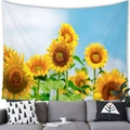 Detail of sunflower landscape tapestry hanging above a grey sofa in a modern room - Sunflower Meadow(1) / 100x70(Peach Skin)