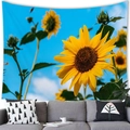 Macro detail of sunflower tapestry showing high-definition print quality on polyester fabric - Sunflowers with Blue Sky(2) / 100x70(Peach Skin)