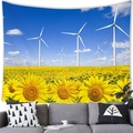 Detail of sunflower tapestry on wall showing vibrant yellow flowers and windmills - 100x70(Peach Skin) / Sunflowers and Wind Turbines (Style 8)