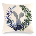 Linen square pillowcase with watercolor purple bunny and blue floral wreath design - Purple Rabbit Silhouette with Pansies (款式-20)