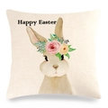 Osterhasen und Blumen Leinen Kissenbezug mit Happy Easter Aufdruck für Sofadeko - Frohe Ostern Brauner Hase mit Blumenkrone (Stil-19)