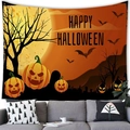 Ταπισερί Halloween με κολοκύθες, πανσέληνο και νυχτερίδες για τον τοίχο - 100x70cm / Στυλ Πανόραμα Πορτοκαλί Κολοκύθα / Peach Skin