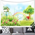 Detail of pastoral wall tapestry with flowers and rainbows in a cozy living room scene - 100cm x 70cm / Rainbow Fairy Garden (Brushed Style)