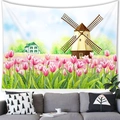Detail of a watercolor landscape tapestry with windmill and tulips in a cozy living room - 100cm x 70cm / Tulip Windmill Countryside (Brushed Style)