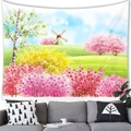 Close-up of pastoral tapestry showing windmill, flowers, and trees in a home setting - 100cm x 70cm / Windmill Shrub Landscape (Brushed Style)