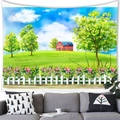 Close-up of pastoral tapestry showing a red barn and white fence over a grey sofa - 100cm x 70cm / Red Barn Farm (Brushed Style)