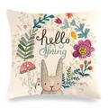 Linen Easter pillow cover with cute bunny, flowers and 'hello Spring' typography - Spring Mushroom Rabbit Floral Style (Style-20)