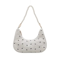 White crescent underarm bag with black bow patterns and elegant pearl beaded handle - White