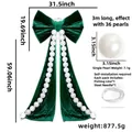Large green velvet bow hanging decoration with white pearls for wedding wall decor - Long Tail Style With Beads / Green