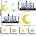 Detailed size chart for Ramadan gold moon and star wall stickers showing various dimensions - Star Moon Palace