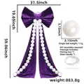 Large purple velvet bow with white pearl strands for DIY party backdrop decor - Long Tail Style With Beads / Purple