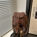 Brown litchi leather crossbody bag with vintage rivets and stylish fringe tassels - Brown