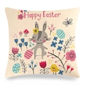 Gros plan sur une taie d'oreiller en lin Happy Easter avec lapin et œufs colorés - 45x45cm / Lapin de Dessin Animé Gris avec Œufs (20)