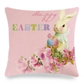 Détail de la taie d'oreiller de Pâques en lin avec fond rose et motif lapin - 45x45cm / Lapin de Pâques Floral Rose (9)