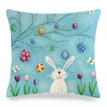 Gros plan du motif lapin de Pâques et tulipes sur la housse de coussin en lin - 45x45cm / Tulipe et Lapin Blanc (8)