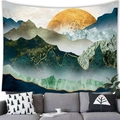 Abstract mountain landscape tapestry with golden sun and green peaks for wall decor - 100x70cm / Peach Skin / Style 11 (Teal Mountains)