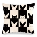 Easter rabbit and cat silhouette plaid pattern linen throw pillow cover on white background - Black White Checkerboard Peeking Bunny (Style-1) / 45x45cm